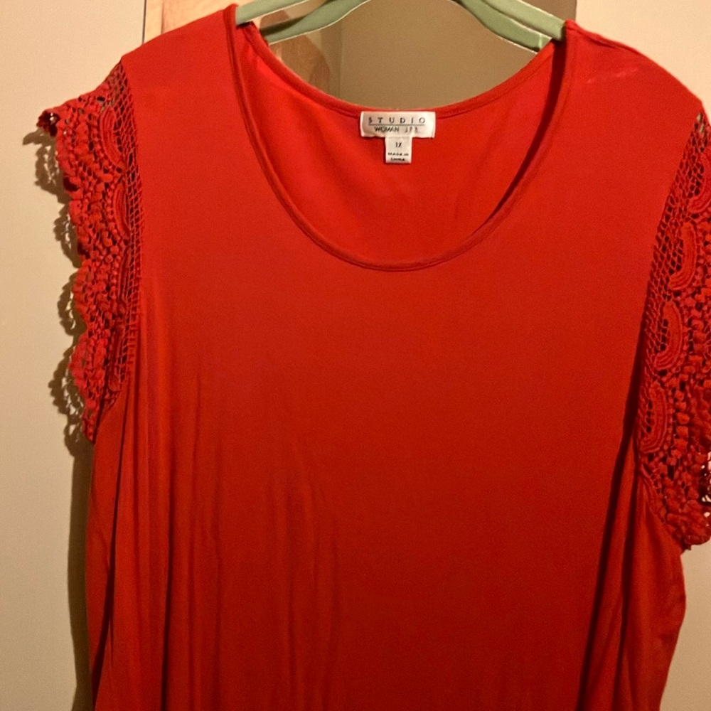 Red Lace Sleeve Blouse with Flowing Fabric